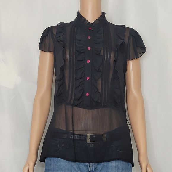 FANG Tops - FANG Black Sheer Ruffle Blouse, Sz. Large